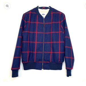 Old Navy NWT Blue Red Windowpane Plaid Wool Blend Zip Up Bomber Jacket Size M